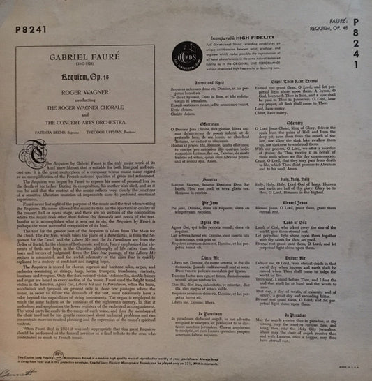 Gabriel Fauré - Roger Wagner : Requiem, Op. 48 (LP, Album, RP)