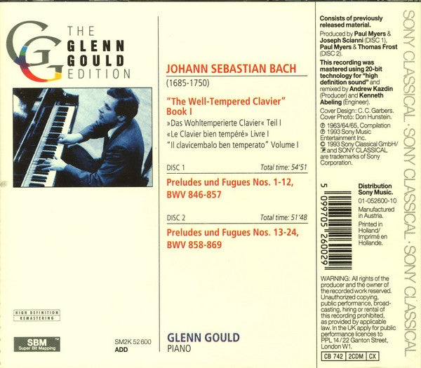 Johann Sebastian Bach, Glenn Gould : The Well-Tempered Clavier I = Das Wohltemperierte Clavier I = Le Clavier Bien Tempéré I (2xCD, Comp, RE, RM)