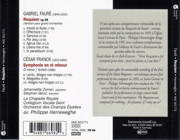 Gabriel Fauré / César Franck - Philippe Herreweghe : Requiem / Symphonie En Ré Mineur (CD, Album)