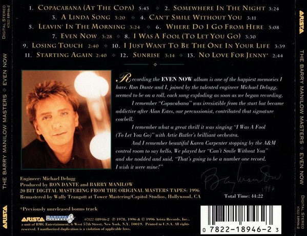 Barry Manilow : Even Now (CD, Album, RE, RM)