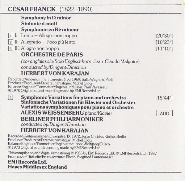 César Franck, Alexis Weissenberg, Orchestre De Paris, Berliner Philharmoniker, Herbert von Karajan : Symphonie En Ré Mineur/D Minor/D-Moll / Variations Symphoniques (CD, Comp, RE, RM)