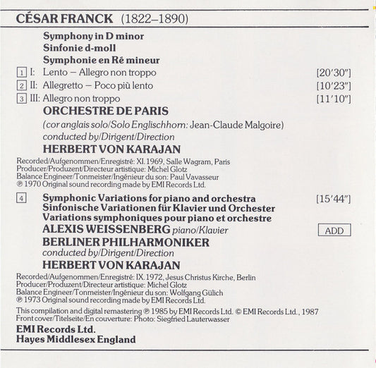 César Franck, Alexis Weissenberg, Orchestre De Paris, Berliner Philharmoniker, Herbert von Karajan : Symphonie En Ré Mineur/D Minor/D-Moll / Variations Symphoniques (CD, Comp, RE, RM)