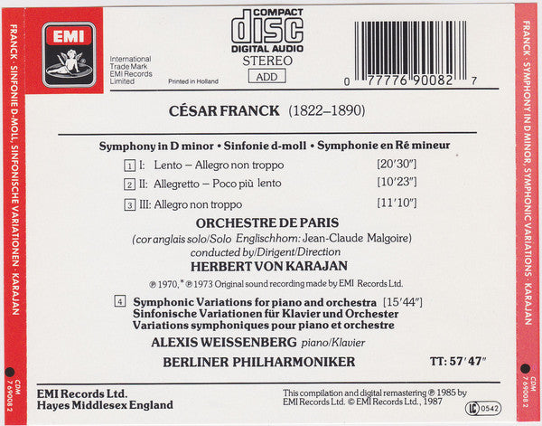 César Franck, Alexis Weissenberg, Orchestre De Paris, Berliner Philharmoniker, Herbert von Karajan : Symphonie En Ré Mineur/D Minor/D-Moll / Variations Symphoniques (CD, Comp, RE, RM)