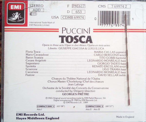 Giacomo Puccini / Maria Callas, Carlo Bergonzi, Tito Gobbi, Choeur National De L'Opéra De Paris, Orchestre De La Société Des Concerts Du Conservatoire, Georges Prêtre : Tosca (2xCD, RM)