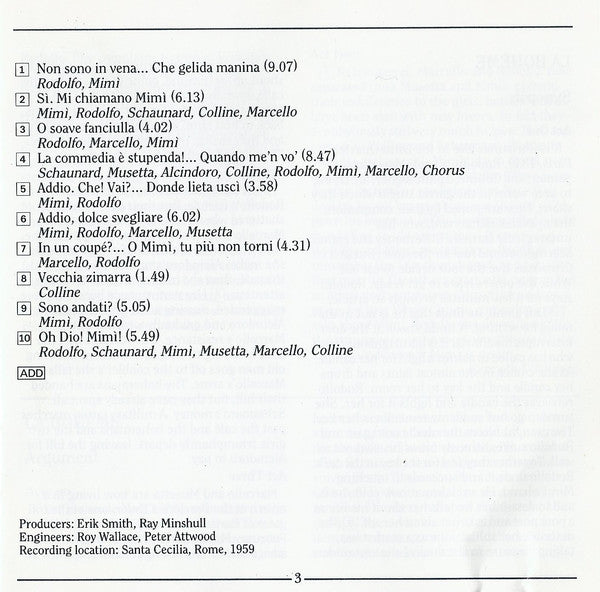 Giacomo Puccini, Renata Tebaldi, Carlo Bergonzi, Ettore Bastianini, Gianna D'Angelo, Cesare Siepi, Tullio Serafin : La Bohème Scenes And Arias (CD, RE, RM)