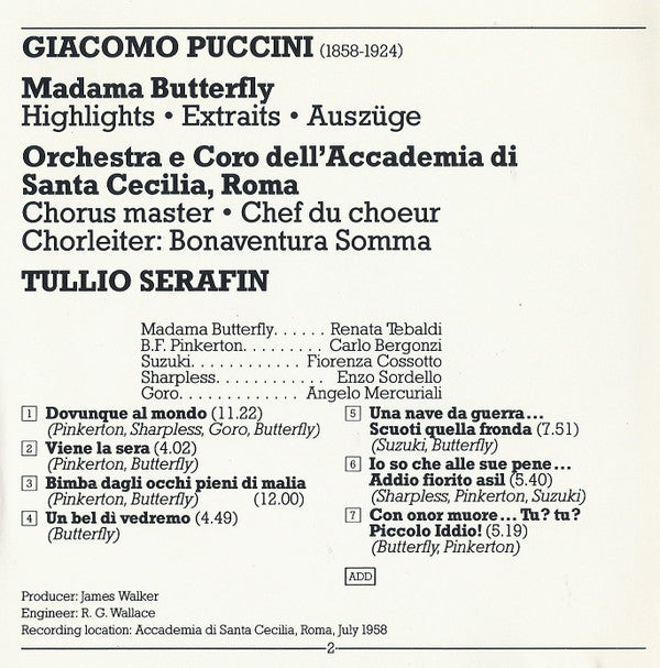 Giacomo Puccini, Renata Tebaldi, Carlo Bergonzi, Fiorenza Cossotto, Enzo Sordello, Orchestra dell'Accademia Nazionale di Santa Cecilia E Coro dell'Accademia Nazionale di Santa Cecilia, Tullio Serafin : Madama Butterfly - Highlights (CD, RE, RM)