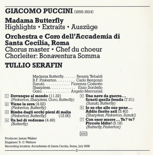 Giacomo Puccini, Renata Tebaldi, Carlo Bergonzi, Fiorenza Cossotto, Enzo Sordello, Orchestra dell'Accademia Nazionale di Santa Cecilia E Coro dell'Accademia Nazionale di Santa Cecilia, Tullio Serafin : Madama Butterfly - Highlights (CD, RE, RM)