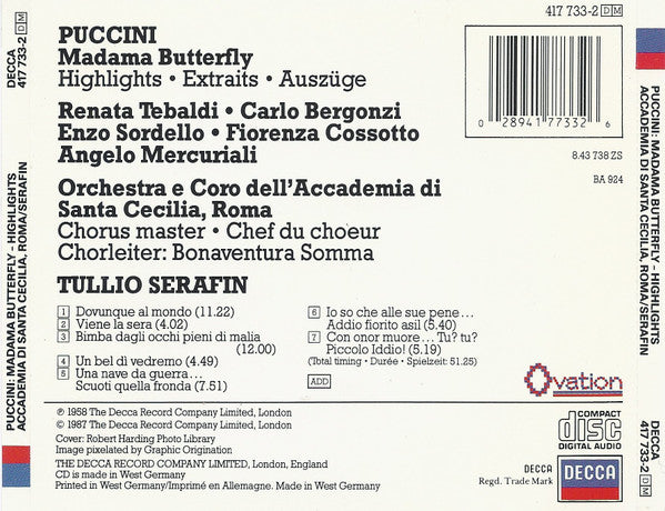Giacomo Puccini, Renata Tebaldi, Carlo Bergonzi, Fiorenza Cossotto, Enzo Sordello, Orchestra dell'Accademia Nazionale di Santa Cecilia E Coro dell'Accademia Nazionale di Santa Cecilia, Tullio Serafin : Madama Butterfly - Highlights (CD, RE, RM)