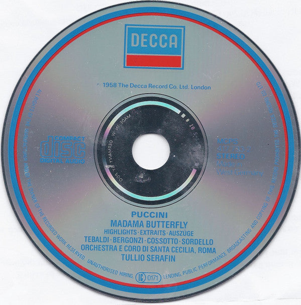 Giacomo Puccini, Renata Tebaldi, Carlo Bergonzi, Fiorenza Cossotto, Enzo Sordello, Orchestra dell'Accademia Nazionale di Santa Cecilia E Coro dell'Accademia Nazionale di Santa Cecilia, Tullio Serafin : Madama Butterfly - Highlights (CD, RE, RM)