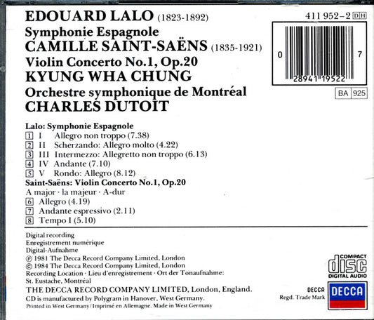 Édouard Lalo, Camille Saint-Saëns - Kyung-Wha Chung, Orchestre symphonique de Montréal, Charles Dutoit : Symphonie Espagnole,  Violin Concerto No.1 (CD, Album, RE)