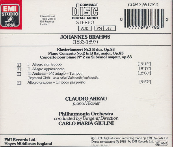 Johannes Brahms - Claudio Arrau, Philharmonia Orchestra, Carlo Maria Giulini : Klavierkonzert Nr. 2 • Piano Concerto No.2 • Concerto Pour Piano N°2 (CD, RM)