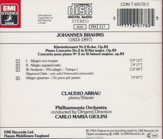 Johannes Brahms - Claudio Arrau, Philharmonia Orchestra, Carlo Maria Giulini : Klavierkonzert Nr. 2 • Piano Concerto No.2 • Concerto Pour Piano N°2 (CD, RM)