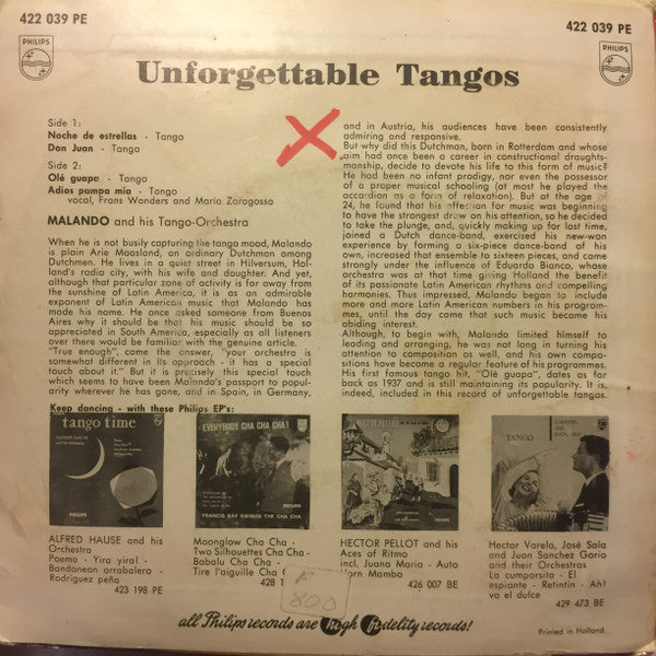 Malando And His Tango Orchestra : Unforgettable Tangos (7", EP, Mono)