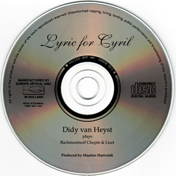 Didy van Heyst : Lyric For Cyril - Didy van Heyst Plays Rachmaninoff Chopin & Liszt (CD, Album)