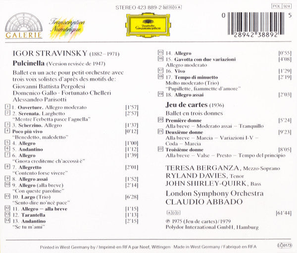 Igor Stravinsky, Teresa Berganza, Ryland Davies, John Shirley-Quirk, London Symphony Orchestra, Claudio Abbado : Pulcinella / Jeu De Cartes (CD, Comp)