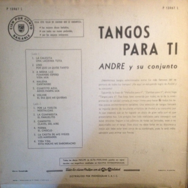Andre Y Su Conjunto : Tangos Para Ti (LP, Album, Mono)