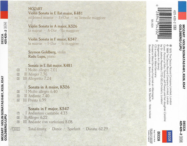 Wolfgang Amadeus Mozart, Szymon Goldberg, Radu Lupu : Violin Sonatas K481 - K526 - K547 (CD, Comp)