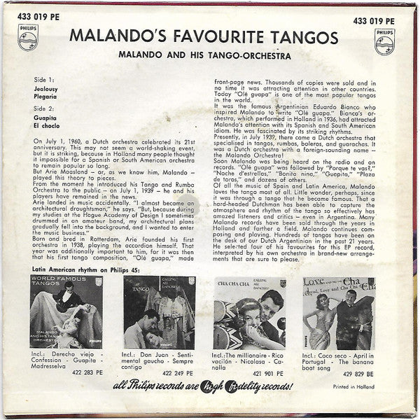 Malando And His Tango Orchestra : Malando's Favourite Tangos (7", EP)