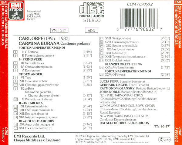 Carl Orff, Lucia Popp - Gerhard Unger - Raymond Wolansky - John Noble, New Philharmonia Chorus, New Philharmonia Orchestra, Rafael Frühbeck De Burgos : Carmina Burana (CD, RE, RM)