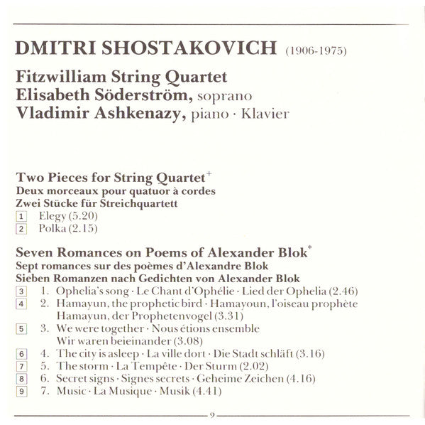 Dmitri Shostakovich - Fitzwilliam String Quartet, Elisabeth Söderström, Vladimir Ashkenazy : Piano Quintet - Seven Romances On Poems Of Alexander Blok (CD, Album)