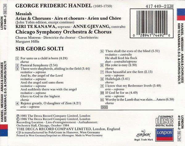 Georg Friedrich Händel, Kiri Te Kanawa, Anne Gjevang, Chicago Symphony Orchestra & Chicago Symphony Chorus, Georg Solti : Messiah Arias & Choruses (CD, Album)
