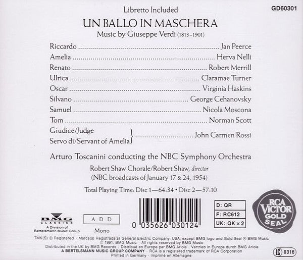Arturo Toscanini, Jan Peerce, Herva Nelli, Robert Merrill, NBC Symphony Orchestra : Un Ballo In Maschera (2xCD, Mono, RE, RM)