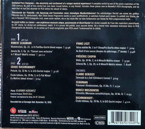 Vladimir Horowitz : Rediscovered (Carnegie Hall Recital, November 16, 1975) (2xCD, Dig)