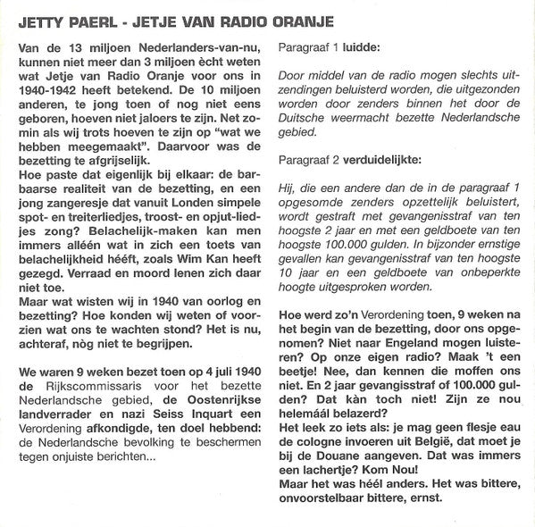 Jetty Paerl : Jetje Van Radio Oranje (CD, RE)