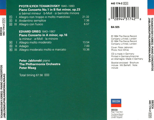 Pyotr Ilyich Tchaikovsky / Edvard Grieg / Peter Jablonski / Philharmonia Orchestra / Peter Maag : Piano Concertos Nos. 1 / Piano Concerto (CD, Album)
