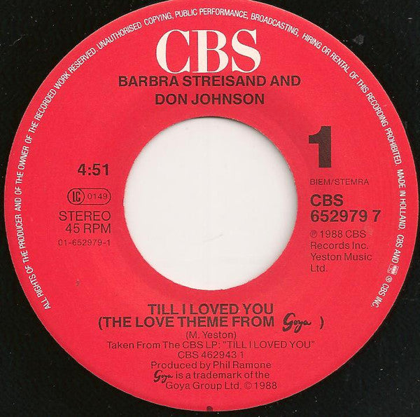Barbra Streisand And Don Johnson : Till I Loved You (7", Single)