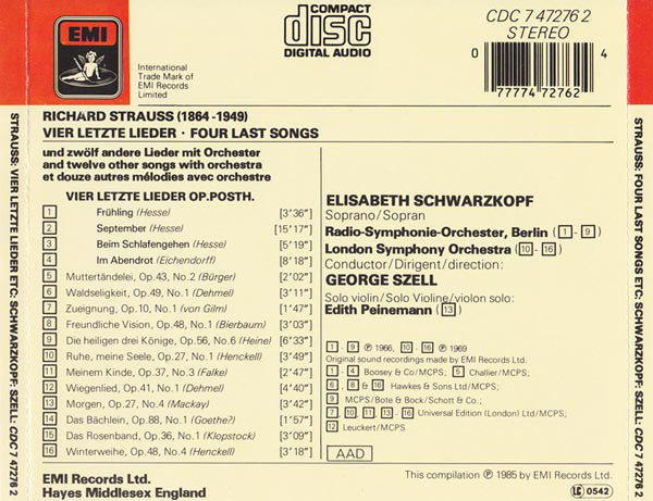 Richard Strauss - Elisabeth Schwarzkopf, George Szell, Radio-Symphonie-Orchester Berlin, London Symphony Orchestra : Vier Letze Lieder (Four Last Songs - Quatre Derniers Lieder) And Twelve Other Songs With Orchestra (CD, Comp)