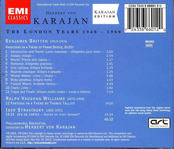 Herbert von Karajan - Benjamin Britten • Ralph Vaughan Williams • Igor Stravinsky : Variations On A Theme Of Frank Bridge • Fantasia On A Theme By Thomas Tallis • Jeu De Cartes (CD, Comp, Mono, RE, RM)