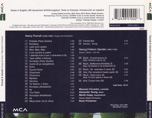 Henry Purcell & Georg Friedrich Händel / Maureen Forrester : Songs & Arias (CD, Album, RM)