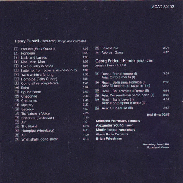 Henry Purcell & Georg Friedrich Händel / Maureen Forrester : Songs & Arias (CD, Album, RM)
