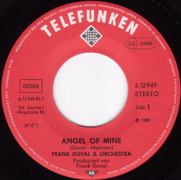 Frank Duval & Orchestra : Angel Of Mine (7", Single)