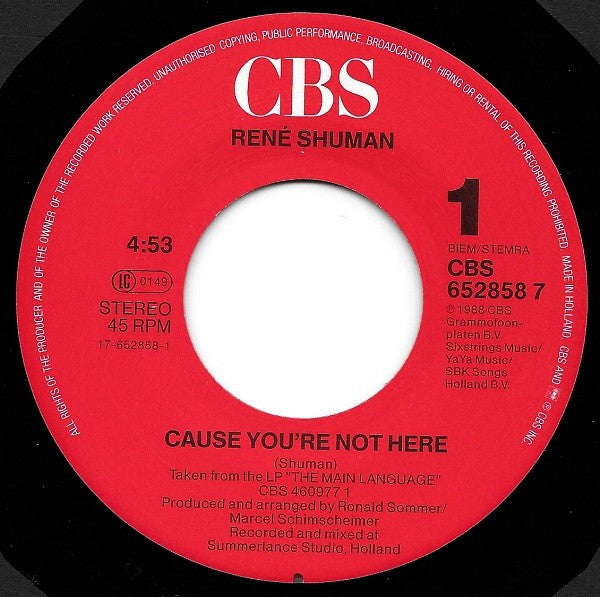 René Shuman : Cause You're Not Here (7", Single)