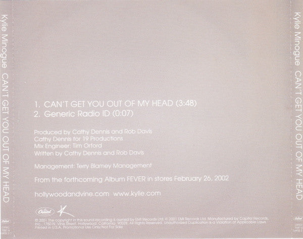 Kylie Minogue : Can't Get You Out Of My Head (CD, Single, Promo)