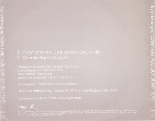 Kylie Minogue : Can't Get You Out Of My Head (CD, Single, Promo)