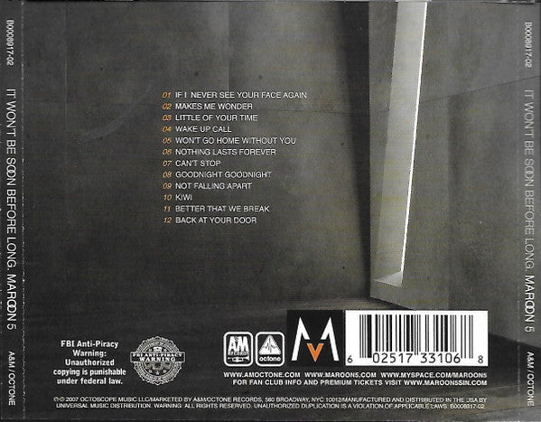 Maroon 5 : It Won't Be Soon Before Long (CD, Album, EDC)
