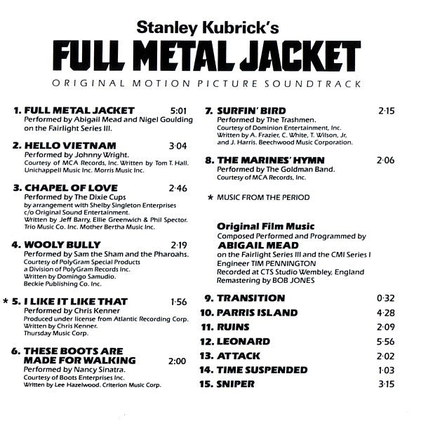 Various : Stanley Kubrick's Full Metal Jacket (Original Motion Picture Soundtrack) (CD, Comp, RM)