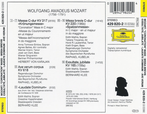 Wolfgang Amadeus Mozart, Herbert von Karajan • Rafael Kubelik • Bernhard Klee : »Coronation Mass« • Missa Brevis »Spatzenmesse« • Exsultate, Jubilate • Laudate Dominum • Ave Verum (CD, Comp, RM)