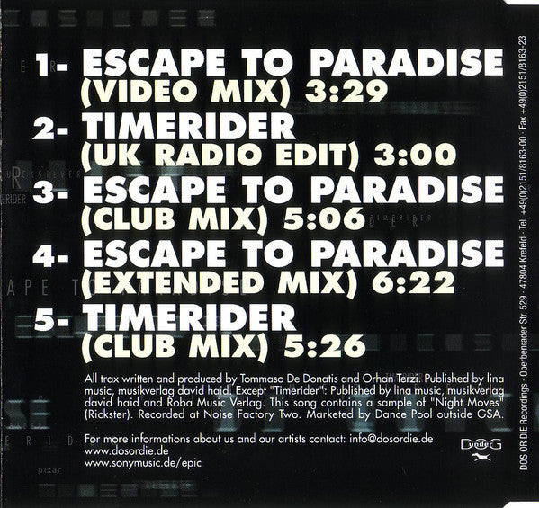 DJ Quicksilver : Escape To Paradise / Timerider (CD, Maxi)
