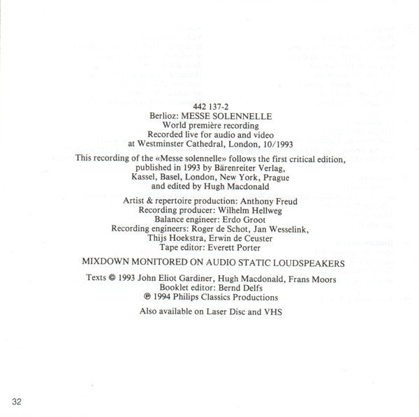 Hector Berlioz - Donna Brown, Jean-Luc Viala, Gilles Cachemaille, The Monteverdi Choir, Orchestre Révolutionnaire Et Romantique, John Eliot Gardiner : Messe Solennelle (CD)
