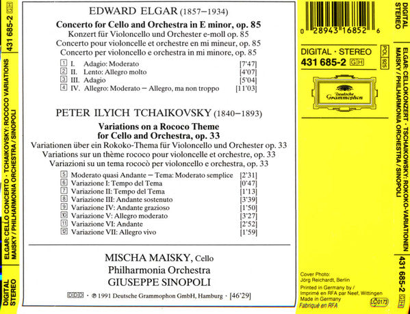 Sir Edward Elgar, Pyotr Ilyich Tchaikovsky - Mischa Maisky, Philharmonia Orchestra, Giuseppe Sinopoli : Cello Concerto / Rococo Variations (CD)
