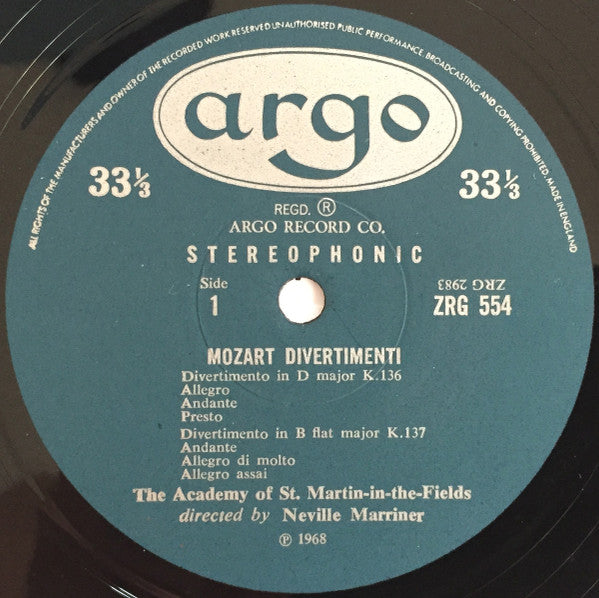 Wolfgang Amadeus Mozart, The Academy Of St. Martin-in-the-Fields Directed By Sir Neville Marriner : Three Divertimenti For Strings / Serenata Notturna (LP, RP)