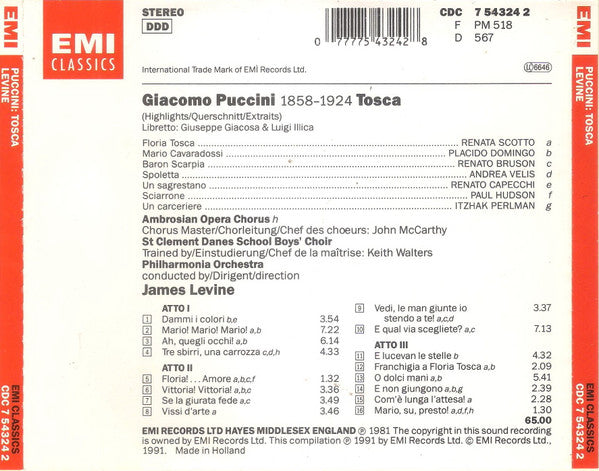 Giacomo Puccini, Renata Scotto, Placido Domingo, Renato Bruson, The Ambrosian Opera Chorus, Philharmonia Orchestra, James Levine (2) : Tosca - Highlights (CD, Comp)