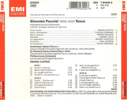 Giacomo Puccini, Renata Scotto, Placido Domingo, Renato Bruson, The Ambrosian Opera Chorus, Philharmonia Orchestra, James Levine (2) : Tosca - Highlights (CD, Comp)