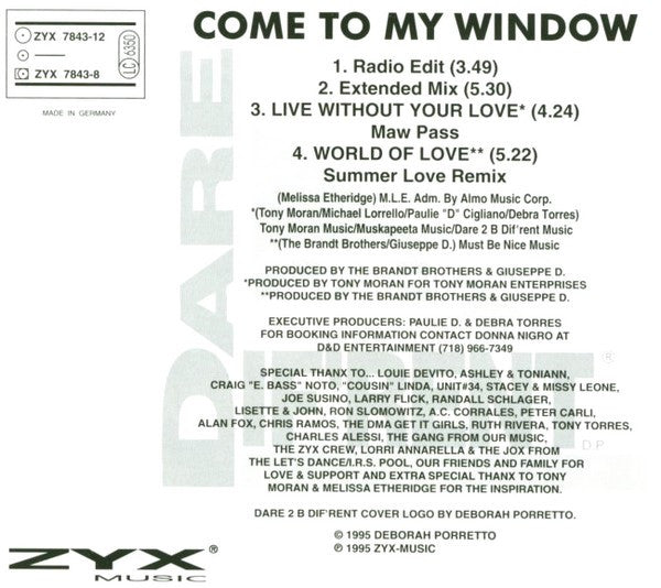 Dare 2 B Dif'rent : Come To My Window (CD, Maxi)