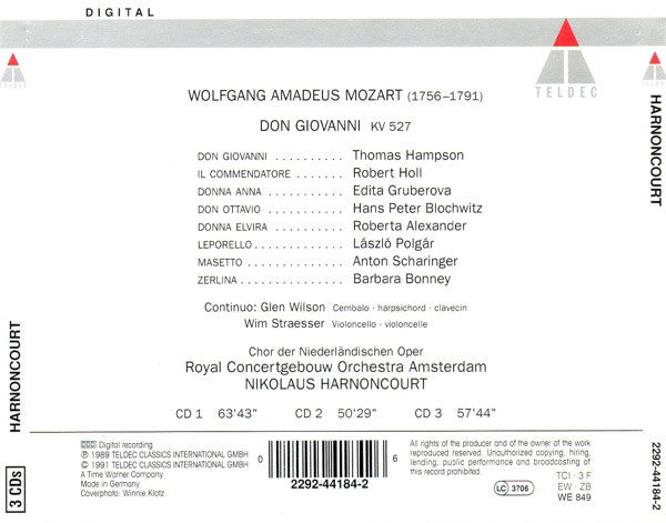 Wolfgang Amadeus Mozart - Thomas Hampson · Edita Gruberova · Roberta Alexander · Barbara Bonney · Hans Peter Blochwitz · László Polgár · Anton Scharinger · Robert Holl · Concertgebouworkest · Nikolaus Harnoncourt : Don Giovanni (3xCD, Album, RE + Box, Sli)