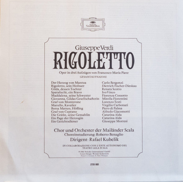 Giuseppe Verdi  -  Renata Scotto, Carlo Bergonzi, Dietrich Fischer-Dieskau, Coro Del Teatro Alla Scala  Und  Orchestra Del Teatro Alla Scala, Rafael Kubelik : Rigoletto (3xLP, Album + Box)